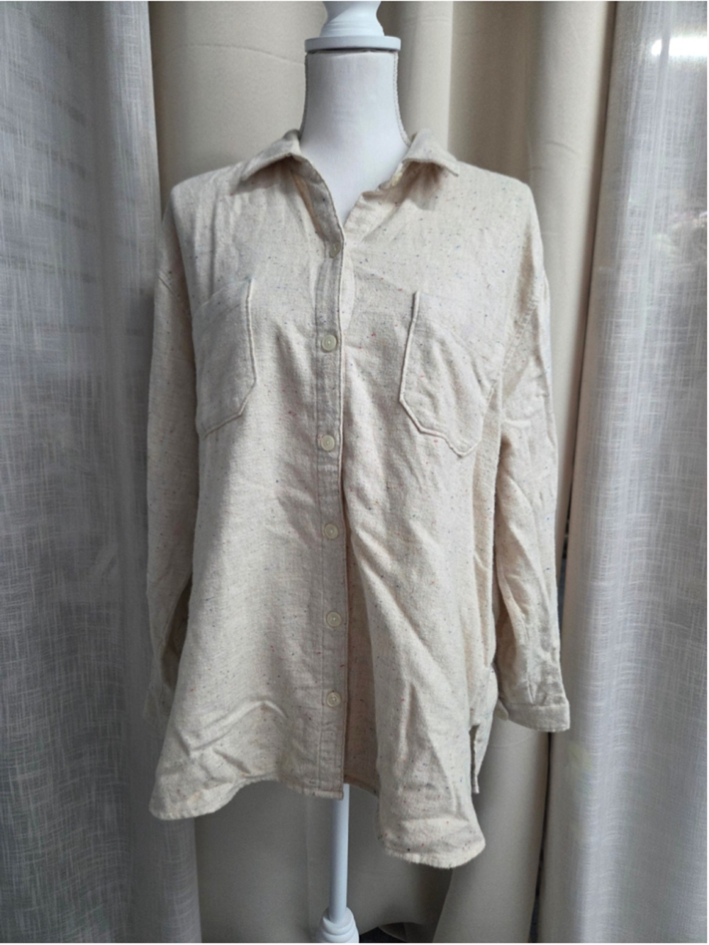Old Navy Cream Speckled Boyfriend Shirt Size L Gorpcore Granola Girl Cabincore